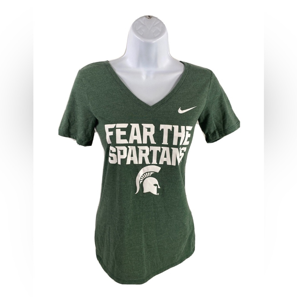 The Nike Tee Athletic Cut Fear the Spartans Green White Logo T-Shirt Size Large
